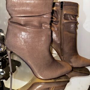 Croc-Embossed Taupe Platform Heeled Boots
